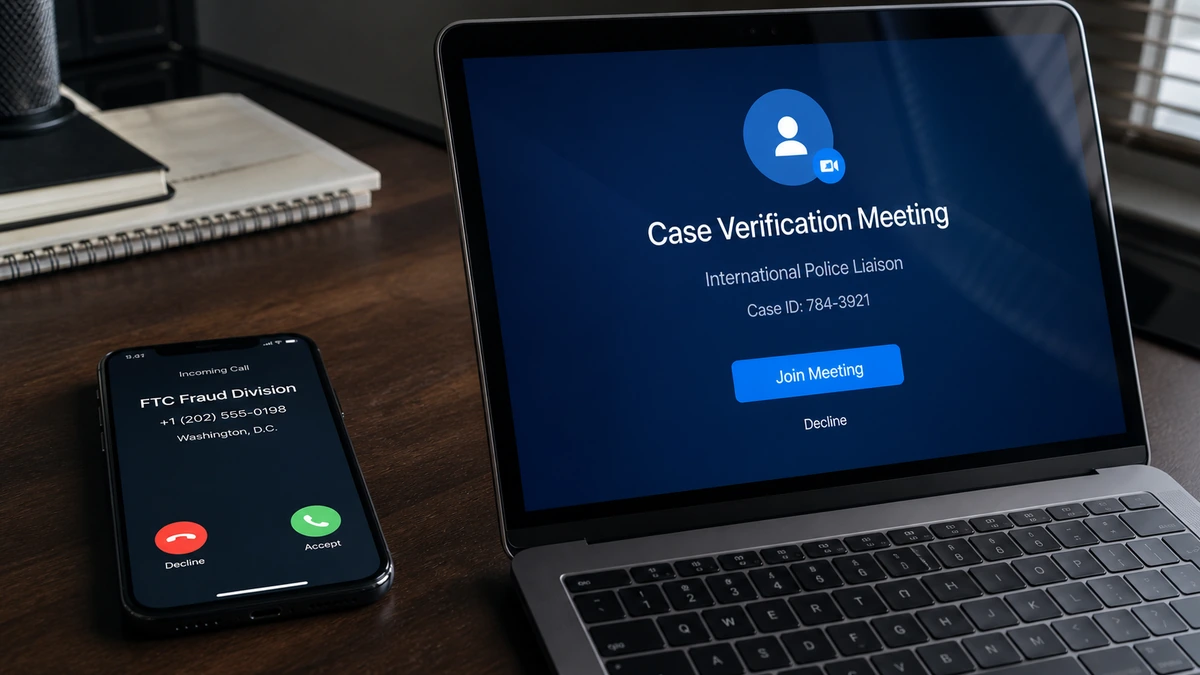 Realistic reconstruction of a fake FTC fraud call beside a case verification meeting invitation from an international police impostor