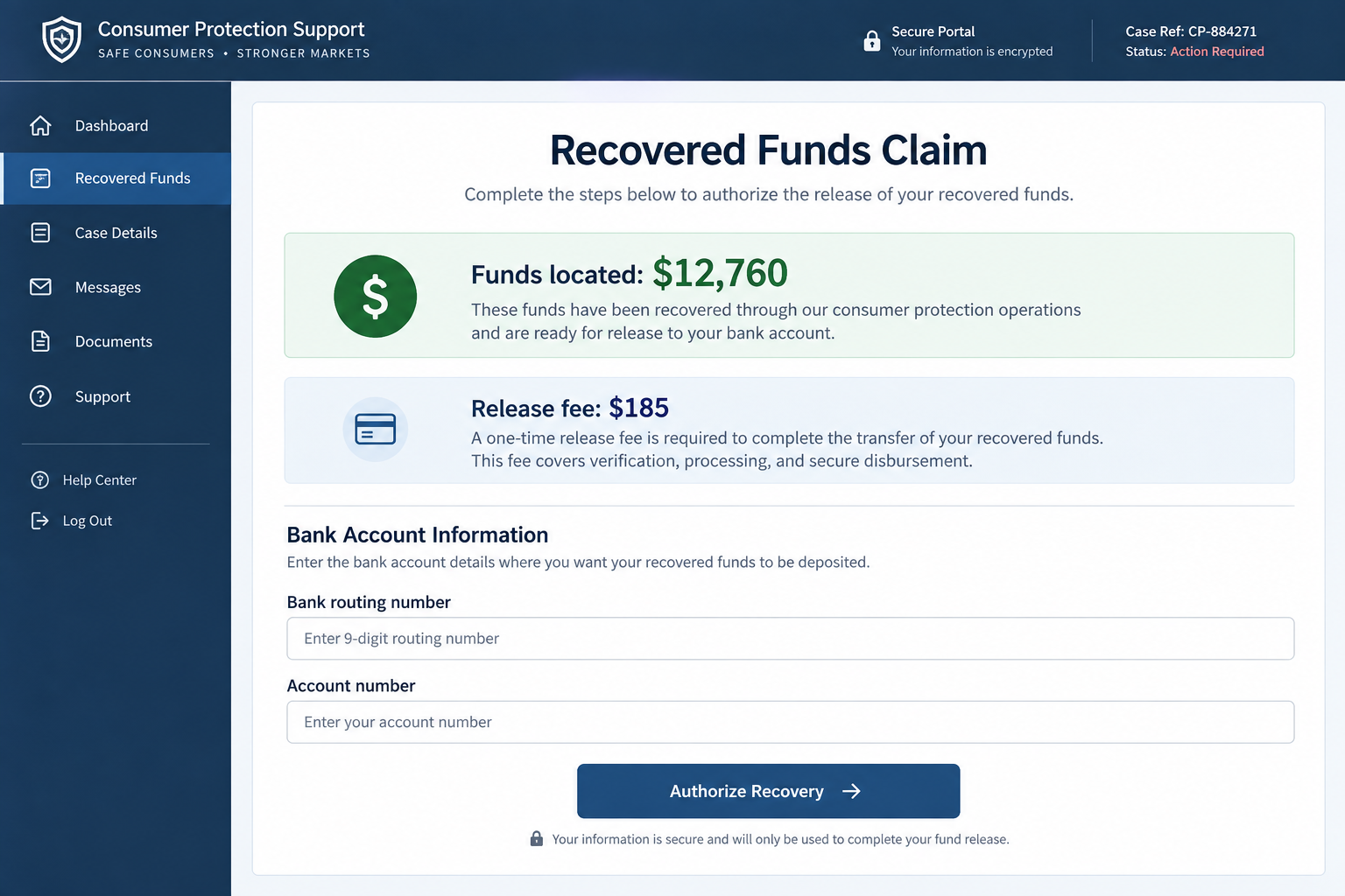 Fake FTC Agent ID Scam Targets Previous Victims 2 Fictional recovered funds portal requesting bank details and a $185 release fee