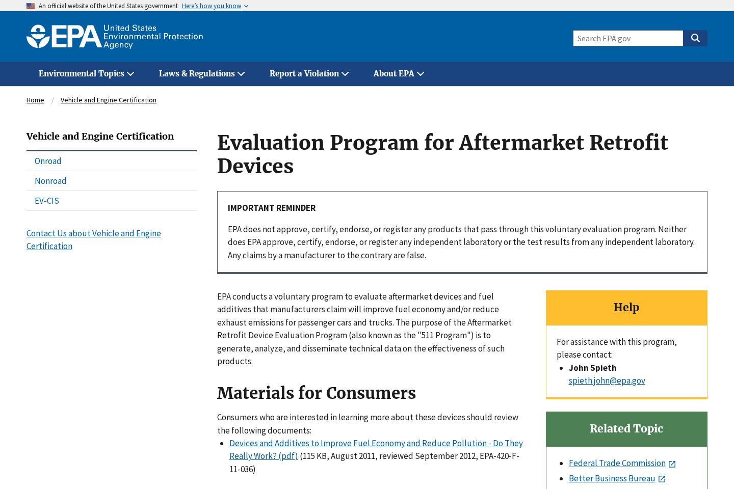 EPA aftermarket retrofit device evaluation page explaining that the agency does not endorse fuel-saving products