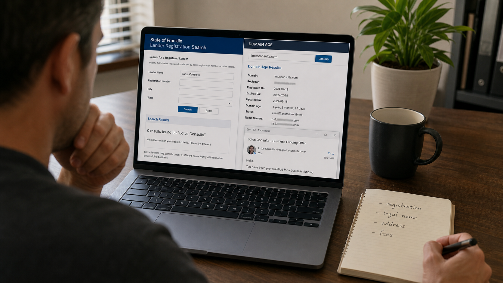 Business owner independently checking lender registration and the Lotus Consults domain
