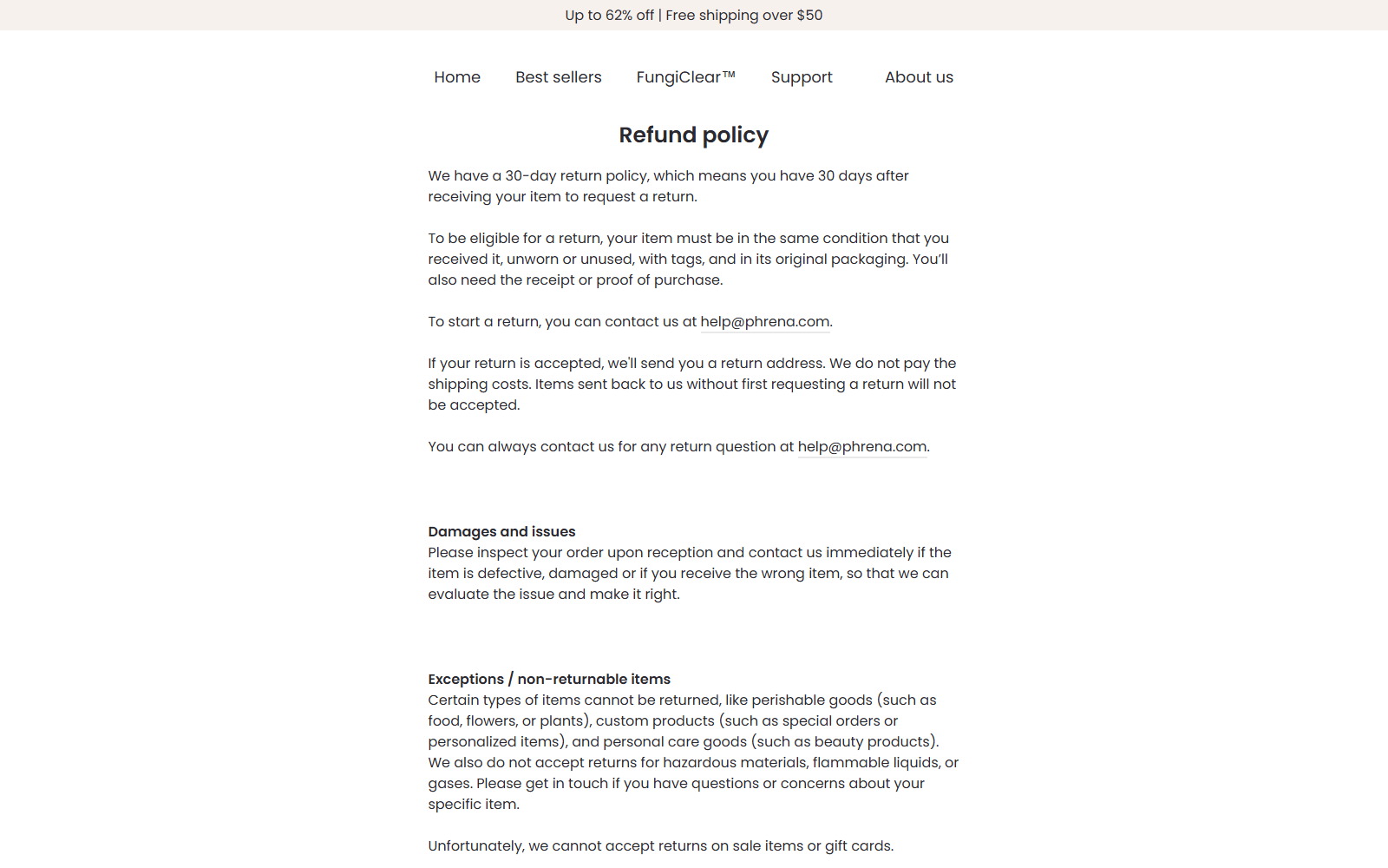 FungiClear Reviews: Nail Fungus Claims Investigated 3 Phrena refund policy showing a 30-day return period, unused-condition language, and unpaid return shipping