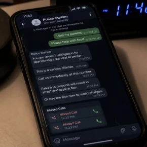 Realistic reconstruction of a hardship chat escalating into late-night fake police threats and demands for payment