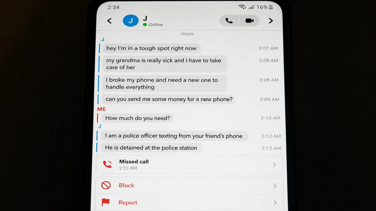 Fake Gambia Snapchat Story Escalates to Police Threats 2 Realistic reconstruction of a Snapchat friendship plea escalating to a phone-money request fake police threat and late-night call