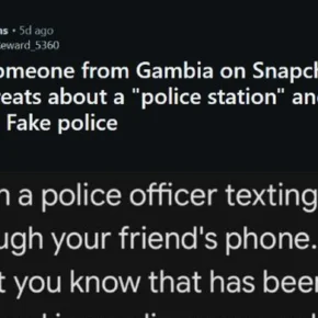 Authentic Reddit report showing a fake police message after a Snapchat contact claimed hardship and asked for money