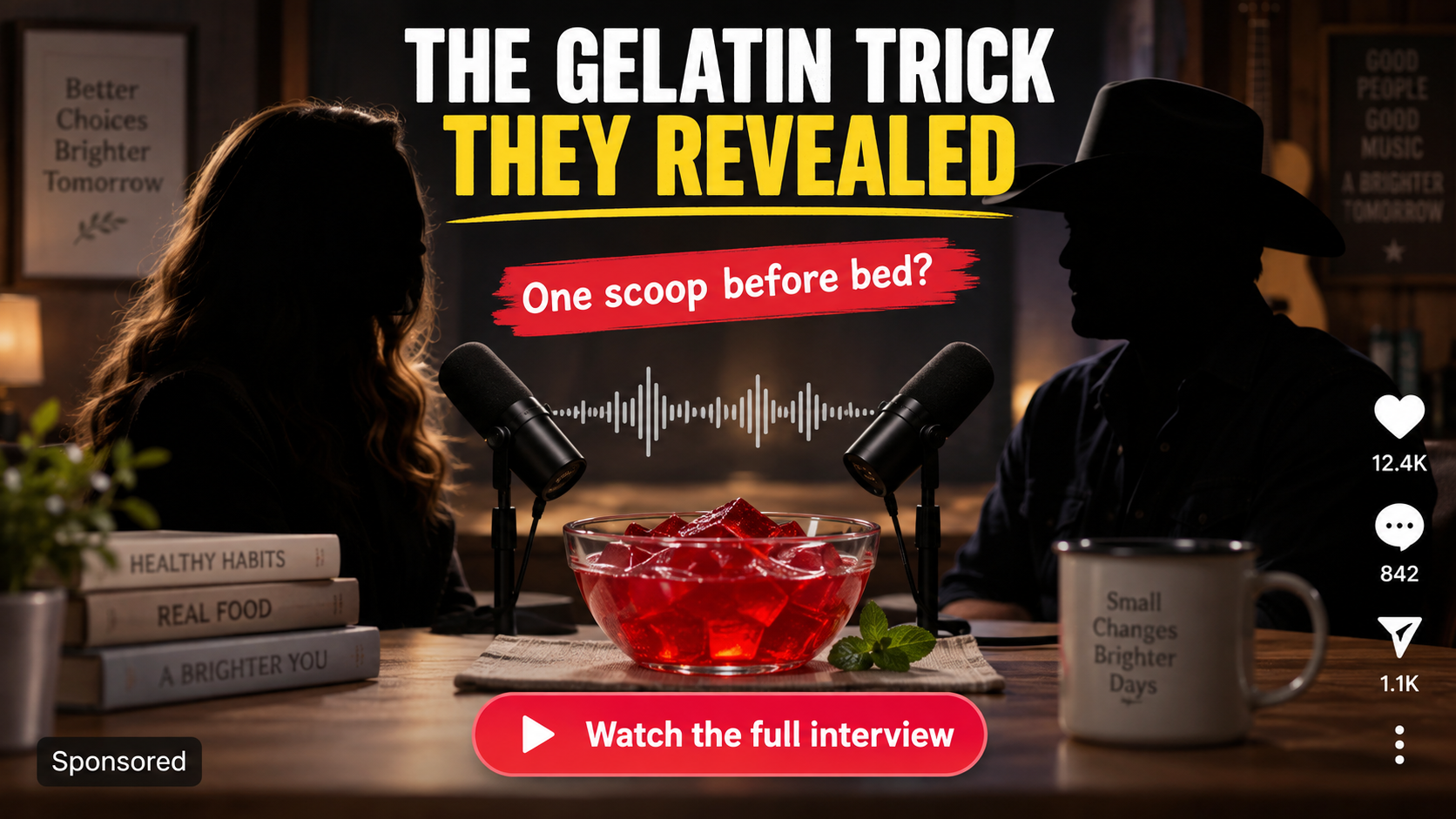 Sponsored podcast-style video advertising a gelatin weight loss trick through anonymous silhouettes