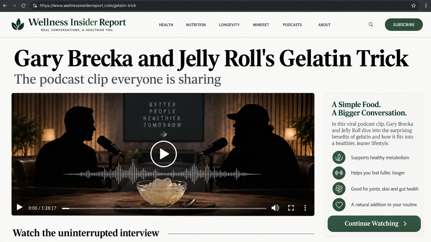 Fake wellness advertorial presenting a Gary Brecka and Jelly Roll gelatin trick podcast clip
