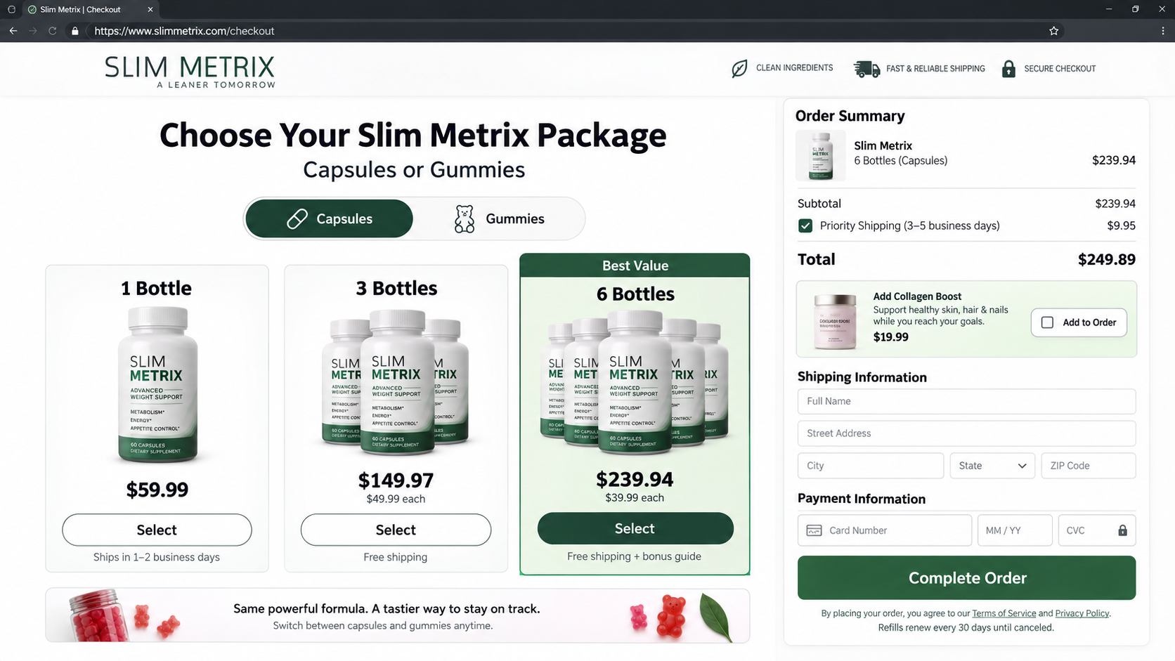 Slim Metrix checkout offering capsule and gummy packages with refill terms