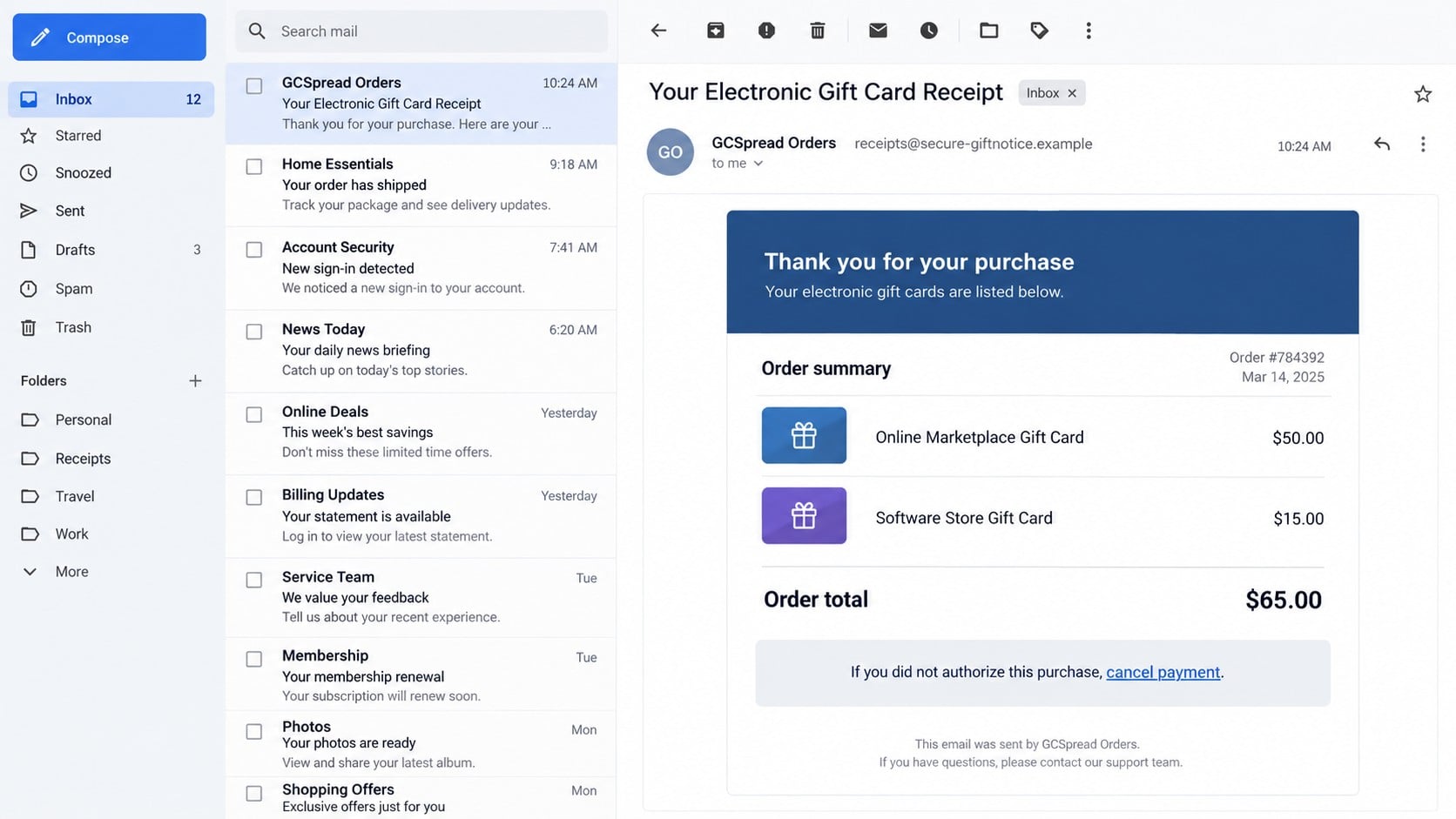 GCSpread PayPal Gift Card Receipt Scam: How the $65 Phishing Trap Works 1 Reconstructed GCSpread PayPal gift card receipt scam email showing a fake $65 order