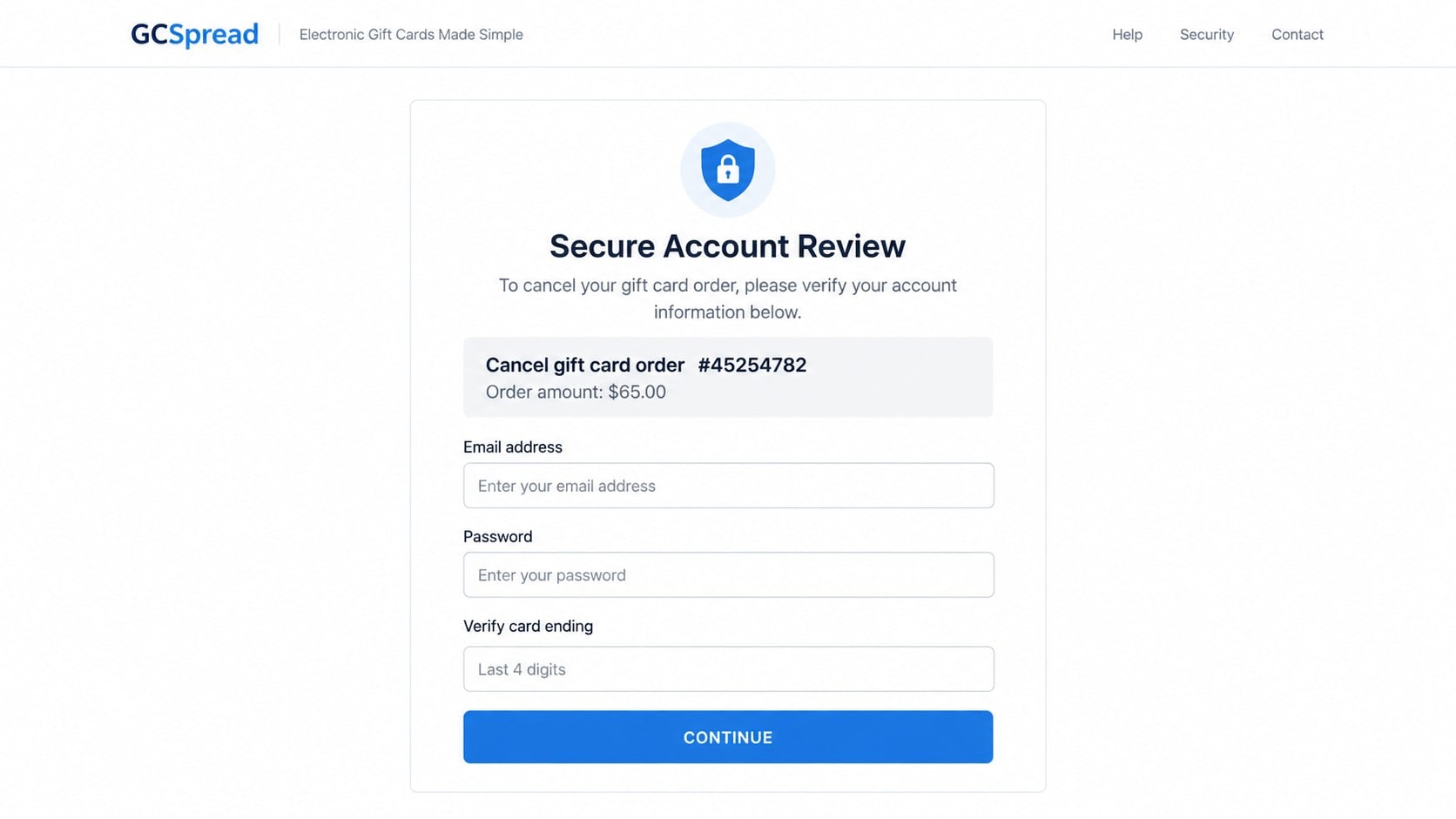 GCSpread PayPal Gift Card Receipt Scam: How the $65 Phishing Trap Works 2 Reconstructed GCSpread phishing page asking for PayPal credentials to cancel a $65 order