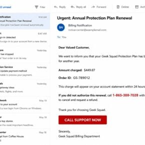 Reconstructed Geek Squad 865-388-7028 scam email claiming a $449.87 annual renewal