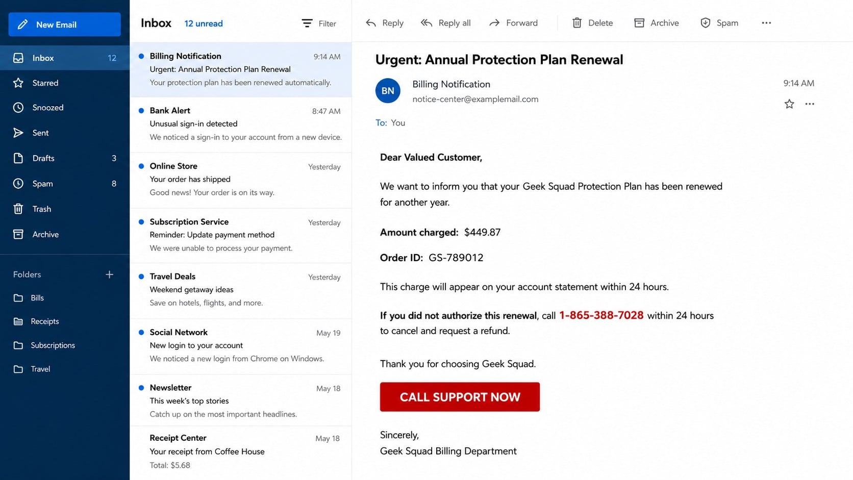 Reconstructed Geek Squad 865-388-7028 scam email claiming a $449.87 annual renewal