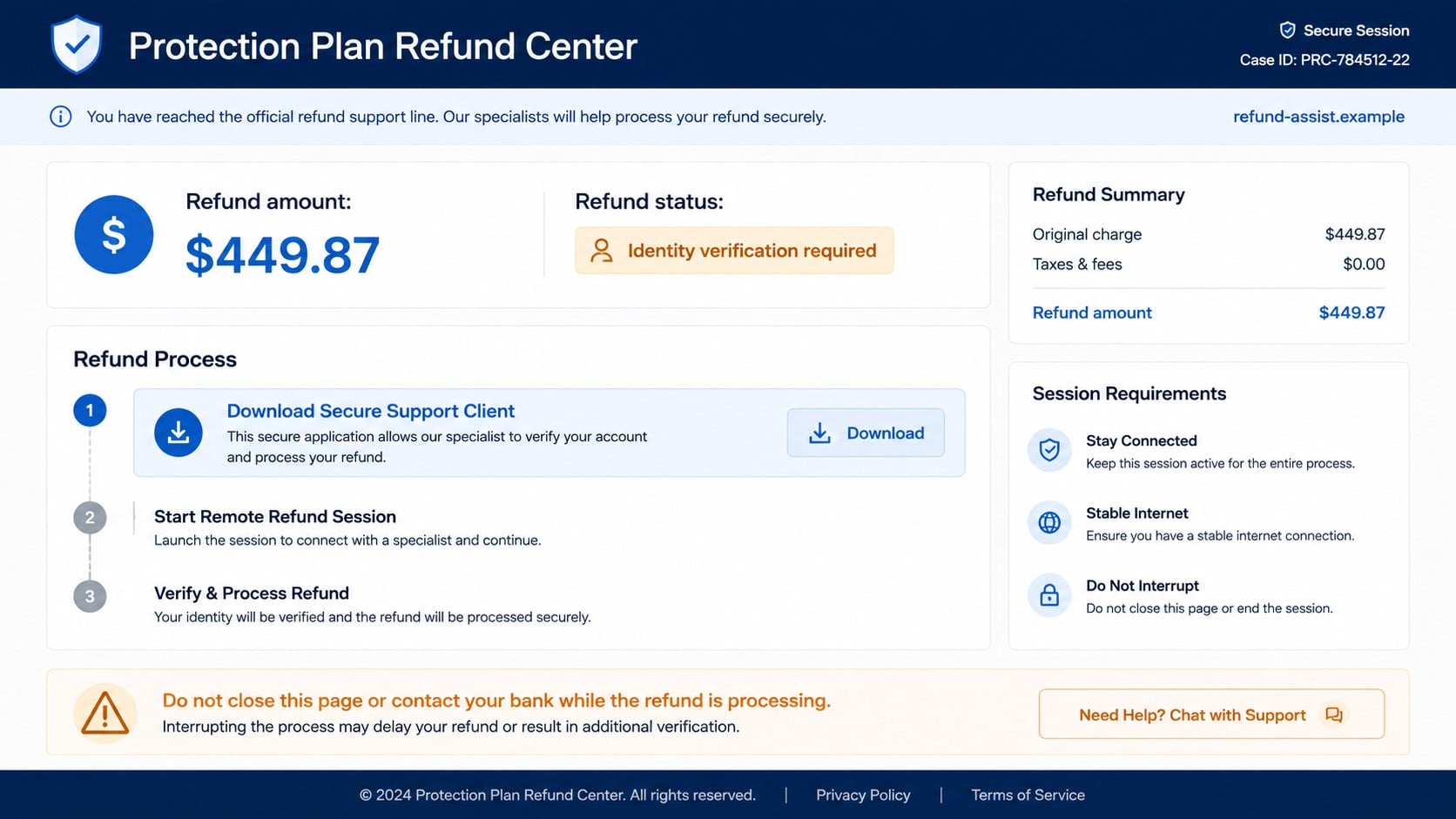 Reconstructed fake Geek Squad refund portal requesting a remote support download