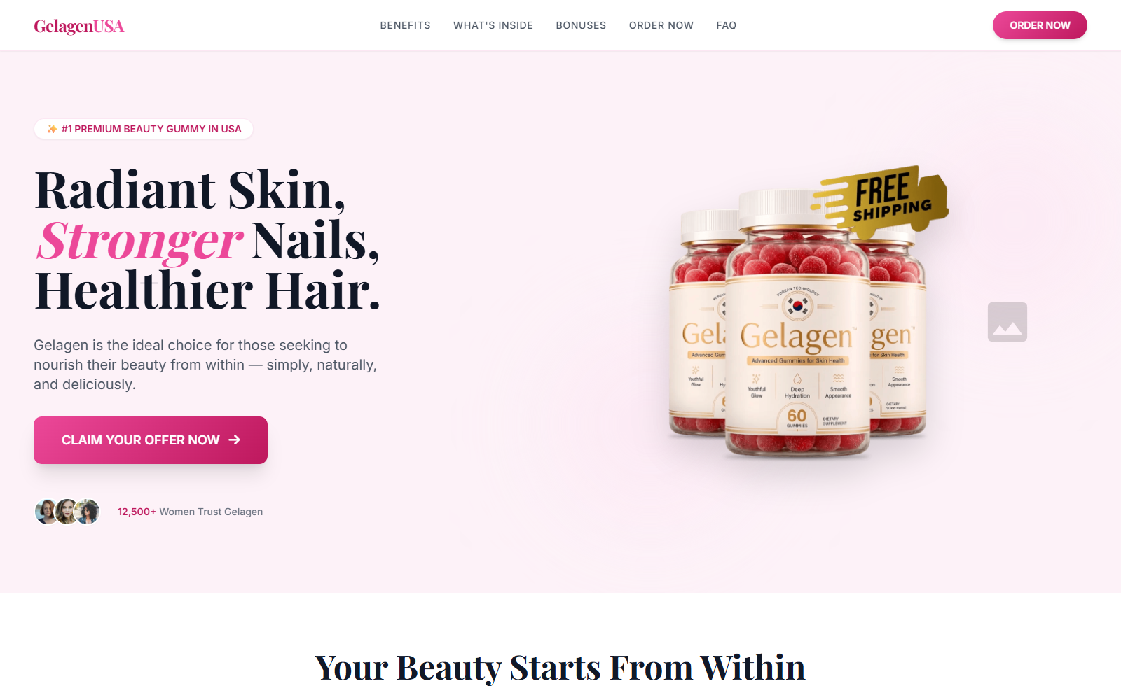 Gelagen Gummies sales page promoting skin hair and nail health