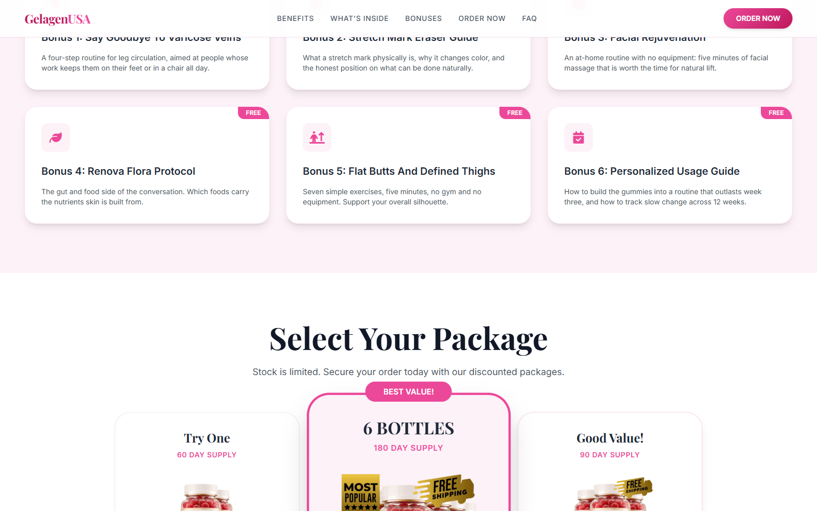 Gelagen USA page emphasizing six bottles after unrelated bonus guides