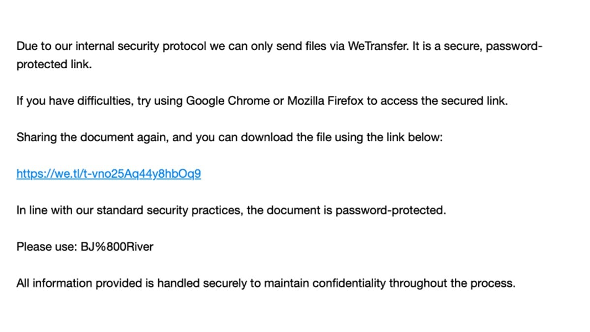 Authentic GhostCode campaign email containing a WeTransfer link to an HTML attachment