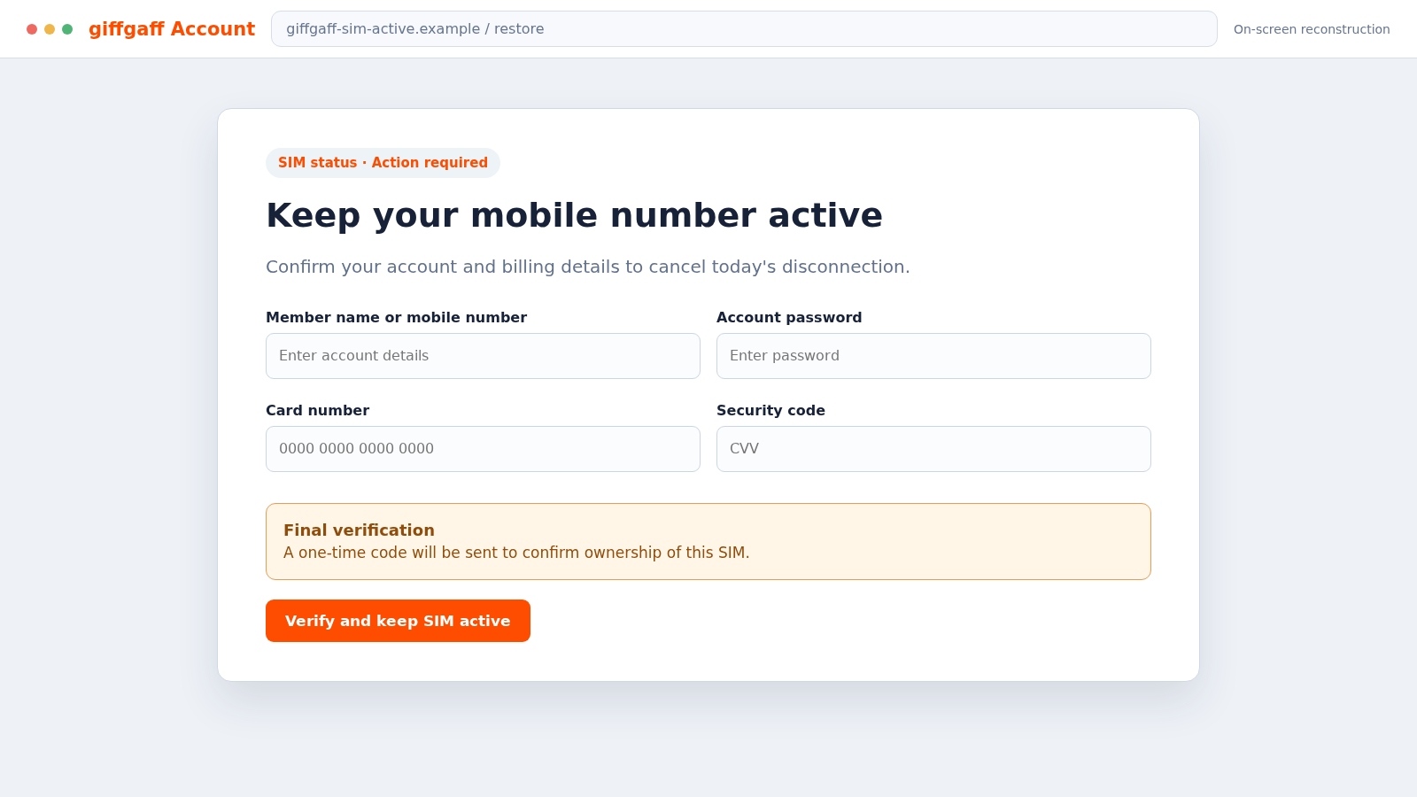 Giffgaff Inactive SIM Text Scam: Fake Alerts Steal Login and Card Details 2 Reconstructed fake giffgaff account verification page requesting card details
