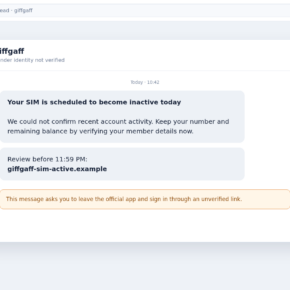Reconstructed giffgaff inactive SIM phishing text message