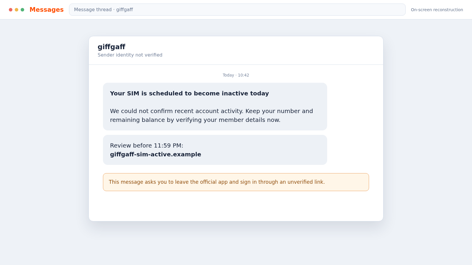 Giffgaff Inactive SIM Text Scam: Fake Alerts Steal Login and Card Details 1 Reconstructed giffgaff inactive SIM phishing text message