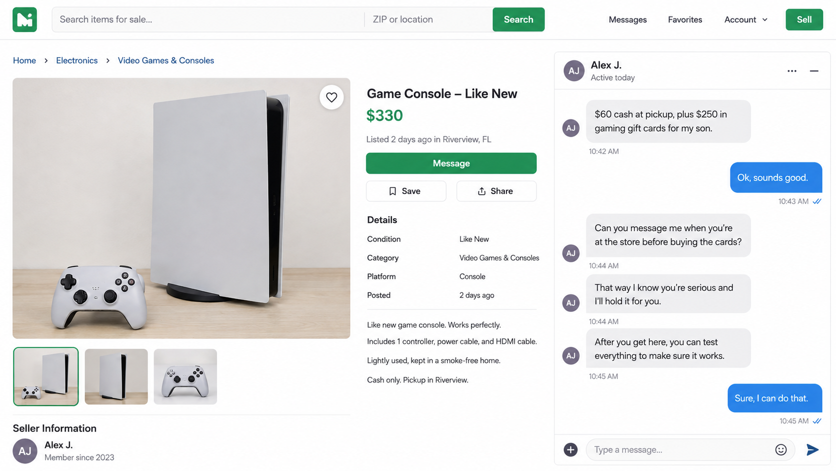 Gift card pickup scam shown in a fictional used console listing and seller chat