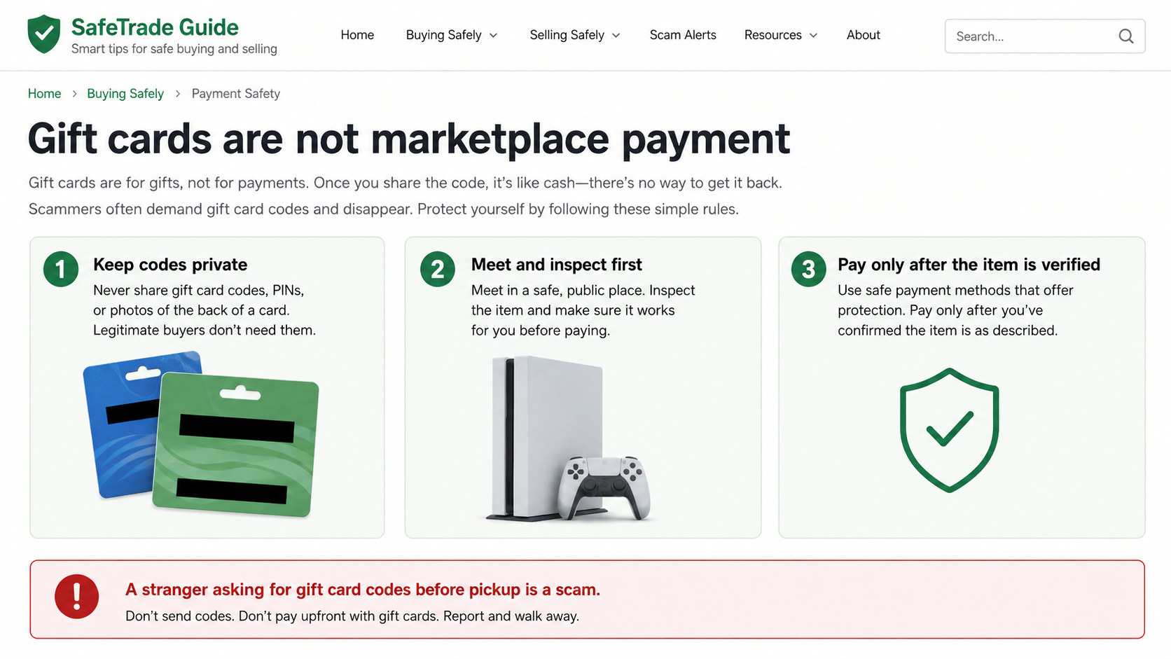 Fictional consumer safety screen warning against gift card payment before pickup