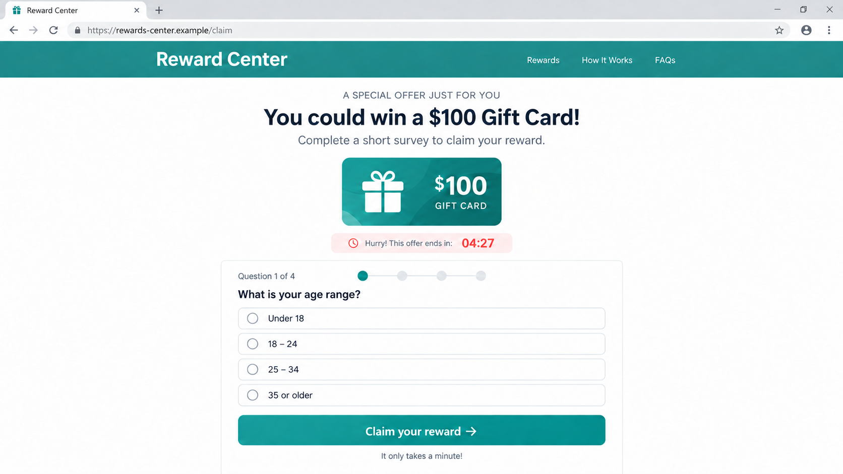 Fictional flat-screen reconstruction of a generic fake gift-card survey page on a non-operational example domain