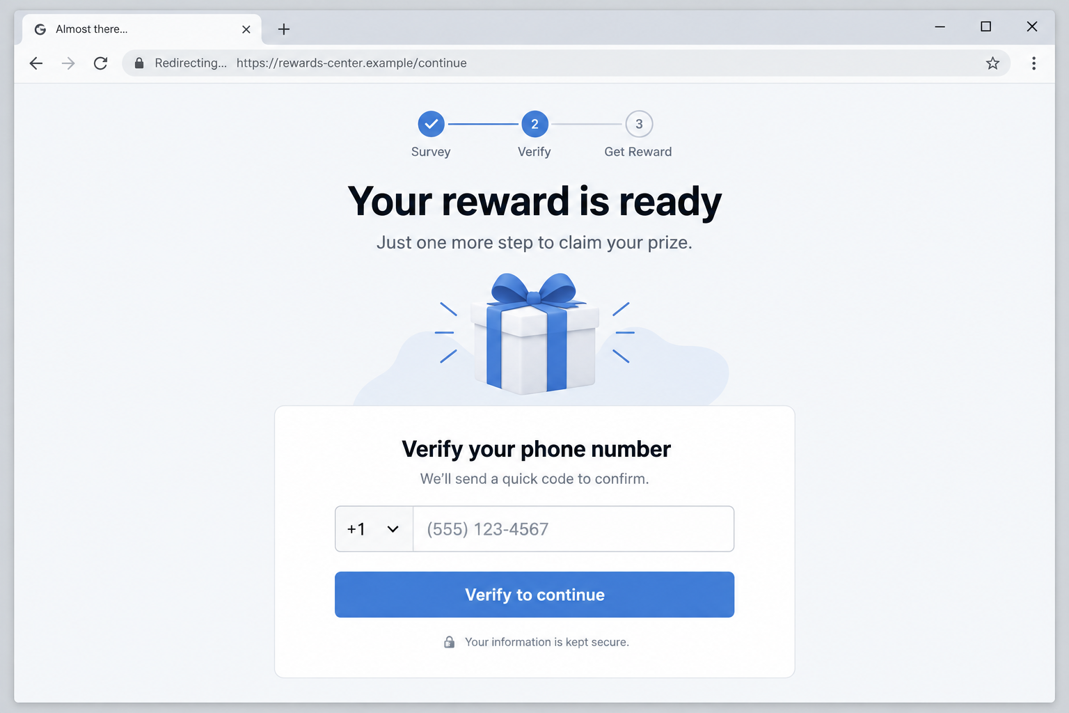 Fictional reconstruction of a fake prize follow-up page asking for phone verification at an example domain