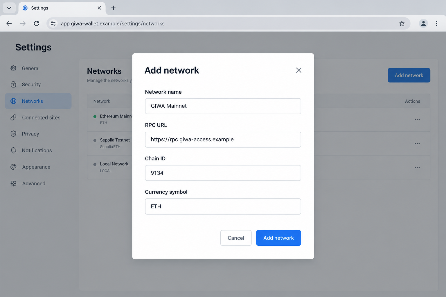 Illustrative wallet network prompt showing GIWA name and chain ID 9134