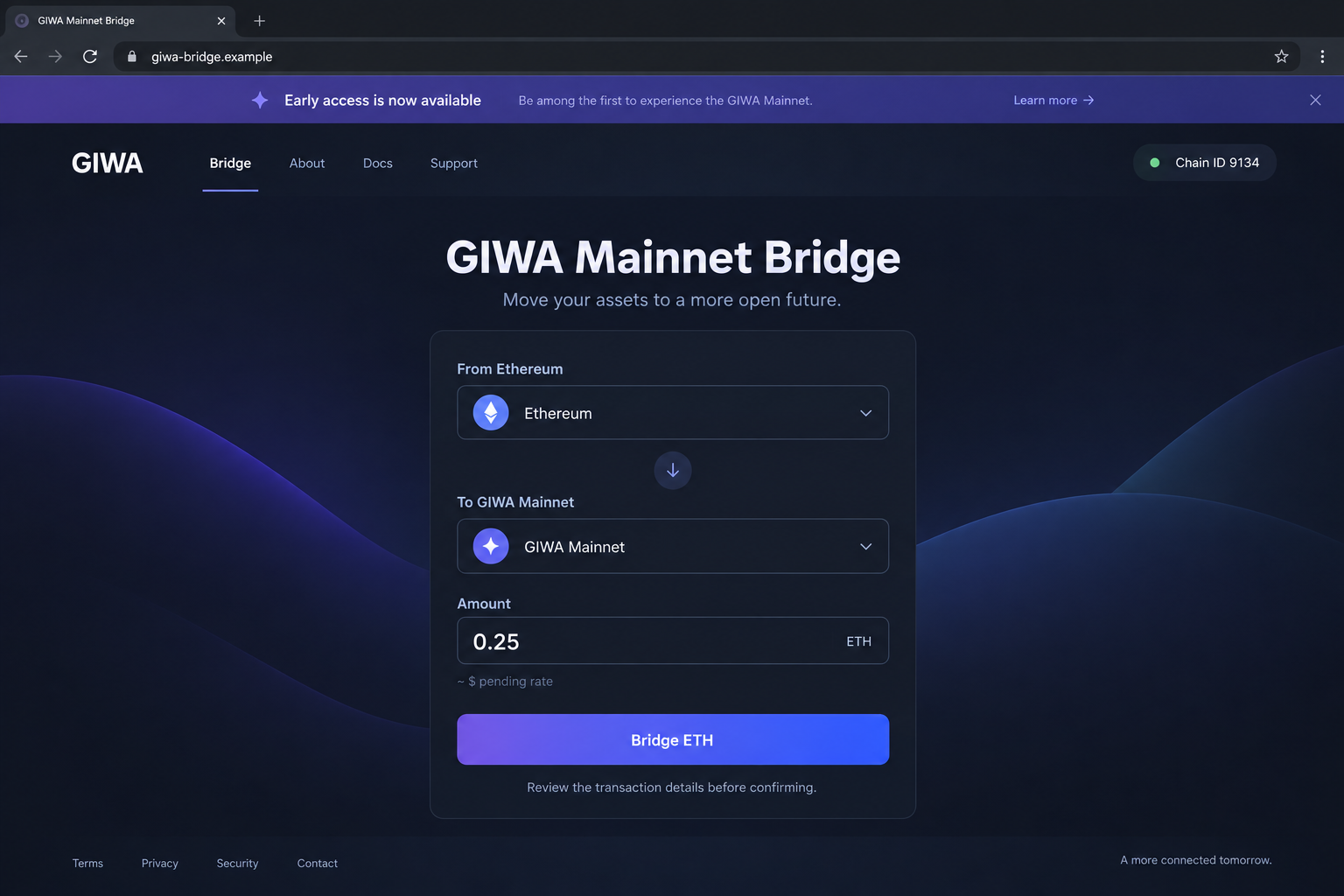 Illustrative fake GIWA bridge page offering early mainnet access