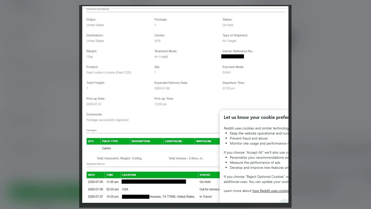 A $500 Drum Set Triggered a Fake $255 Shipping Fee 1 Authentic screenshot of a drum set shipment marked on hold on the Global Express Logistik tracking page