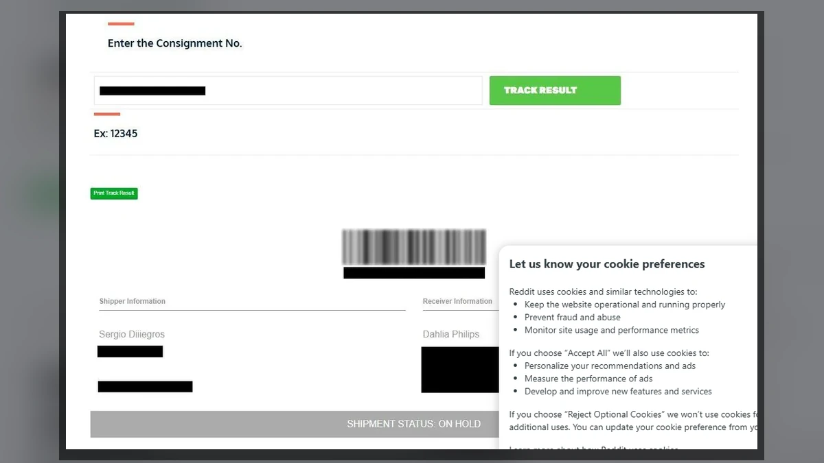 A $500 Drum Set Triggered a Fake $255 Shipping Fee 2 Authentic screenshot of a Global Express Logistik tracking result with redacted shipper and receiver details