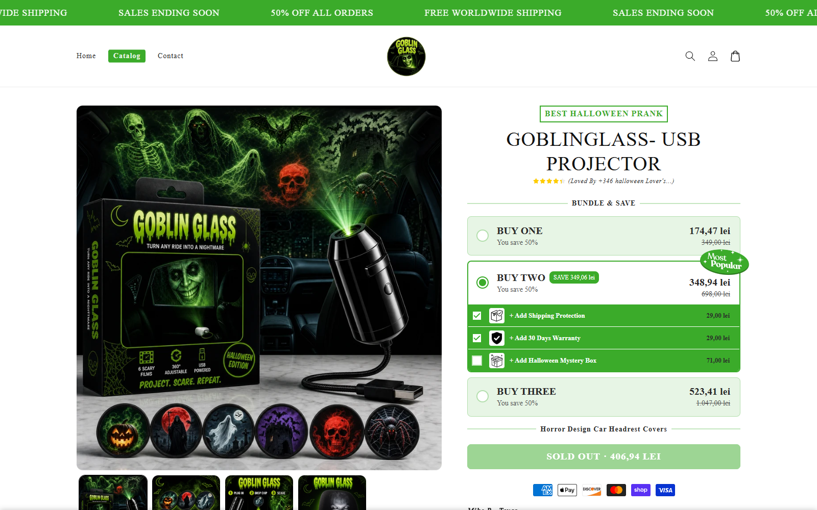 Goblin Glass USB Projector product page showing bundle choices and optional paid add-ons