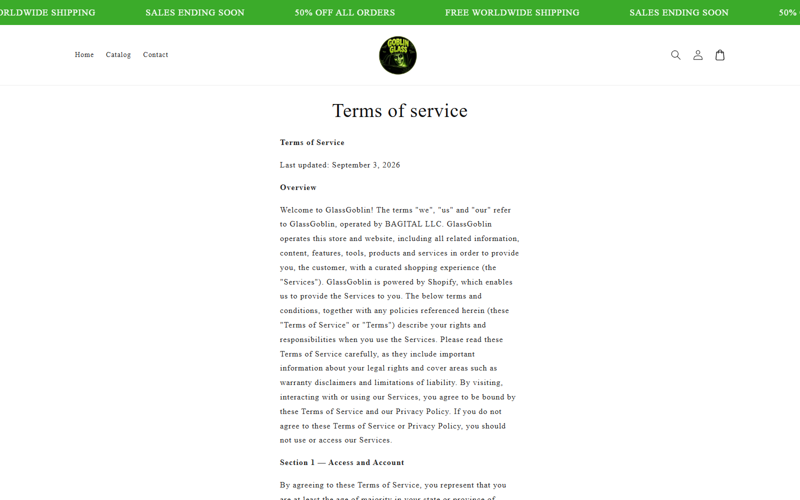Goblin Glass terms identifying BAGITAL LLC as the store operator