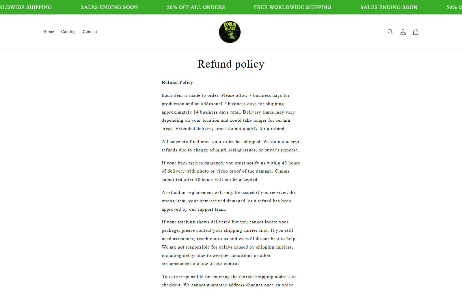 GoblinGlass Projector Review: What We Found 2 GoblinGlass refund policy showing final-sale and damage-reporting conditions