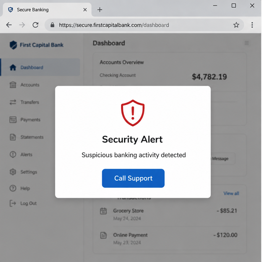 Illustrative reconstruction of a fake bank security alert used in a gold bar scam