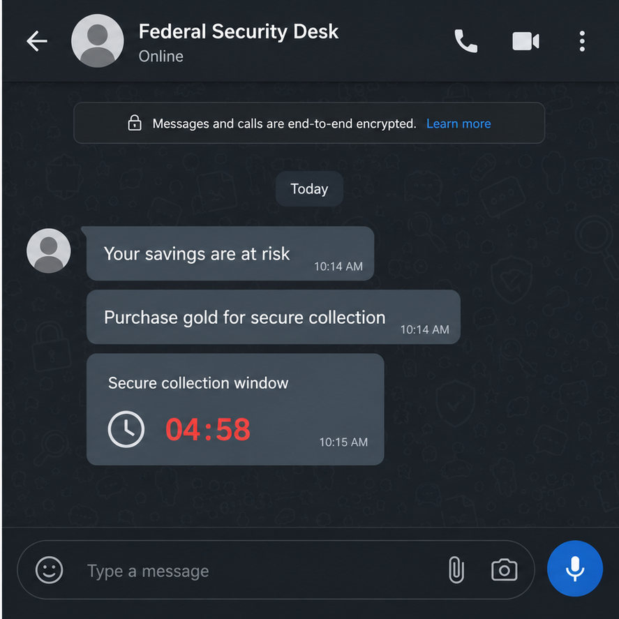Illustrative reconstruction of a fake federal agent chat ordering a victim to buy gold