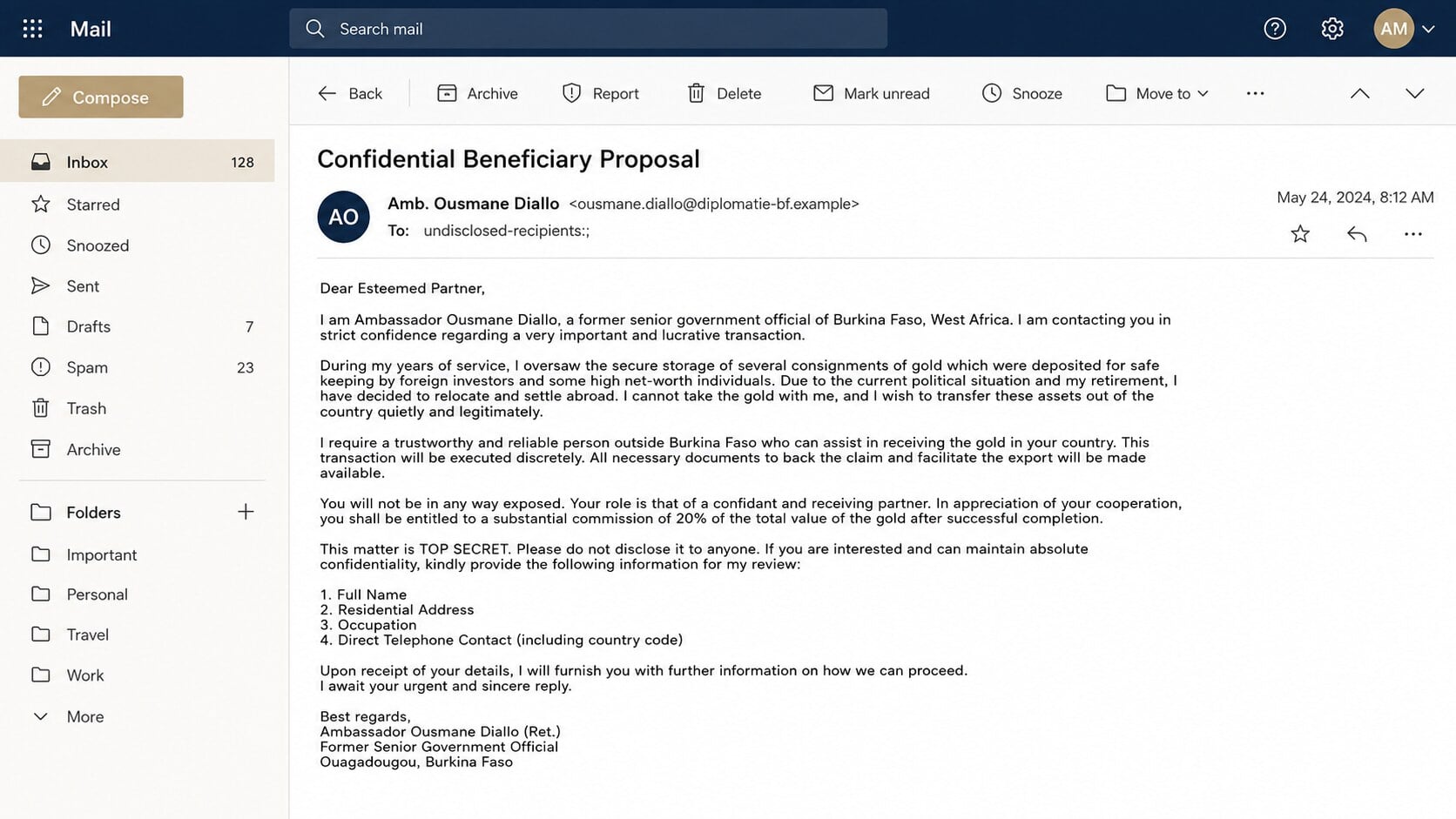 Confidential Beneficiary Proposal email offering a commission for transferring gold bars