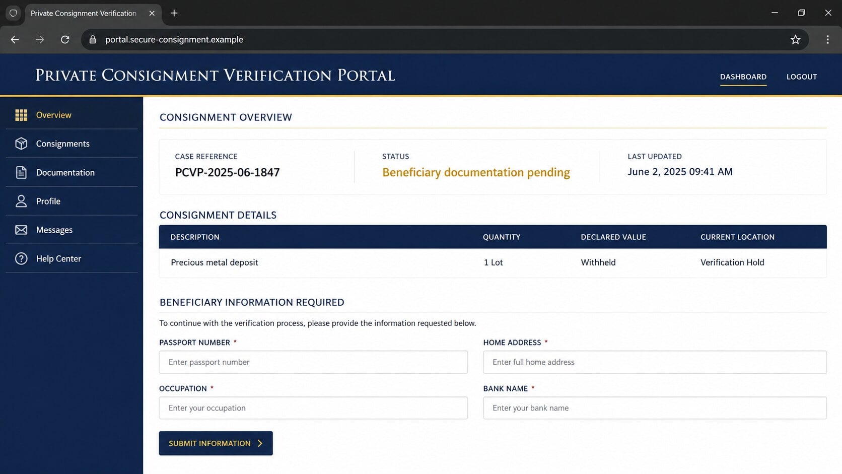 Fake private consignment portal requesting passport address occupation and bank details