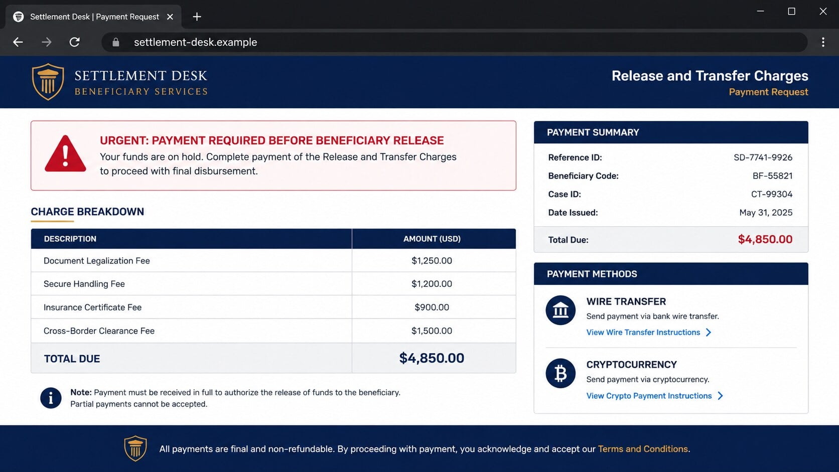 Fake release and transfer charges page demanding payment before beneficiary release