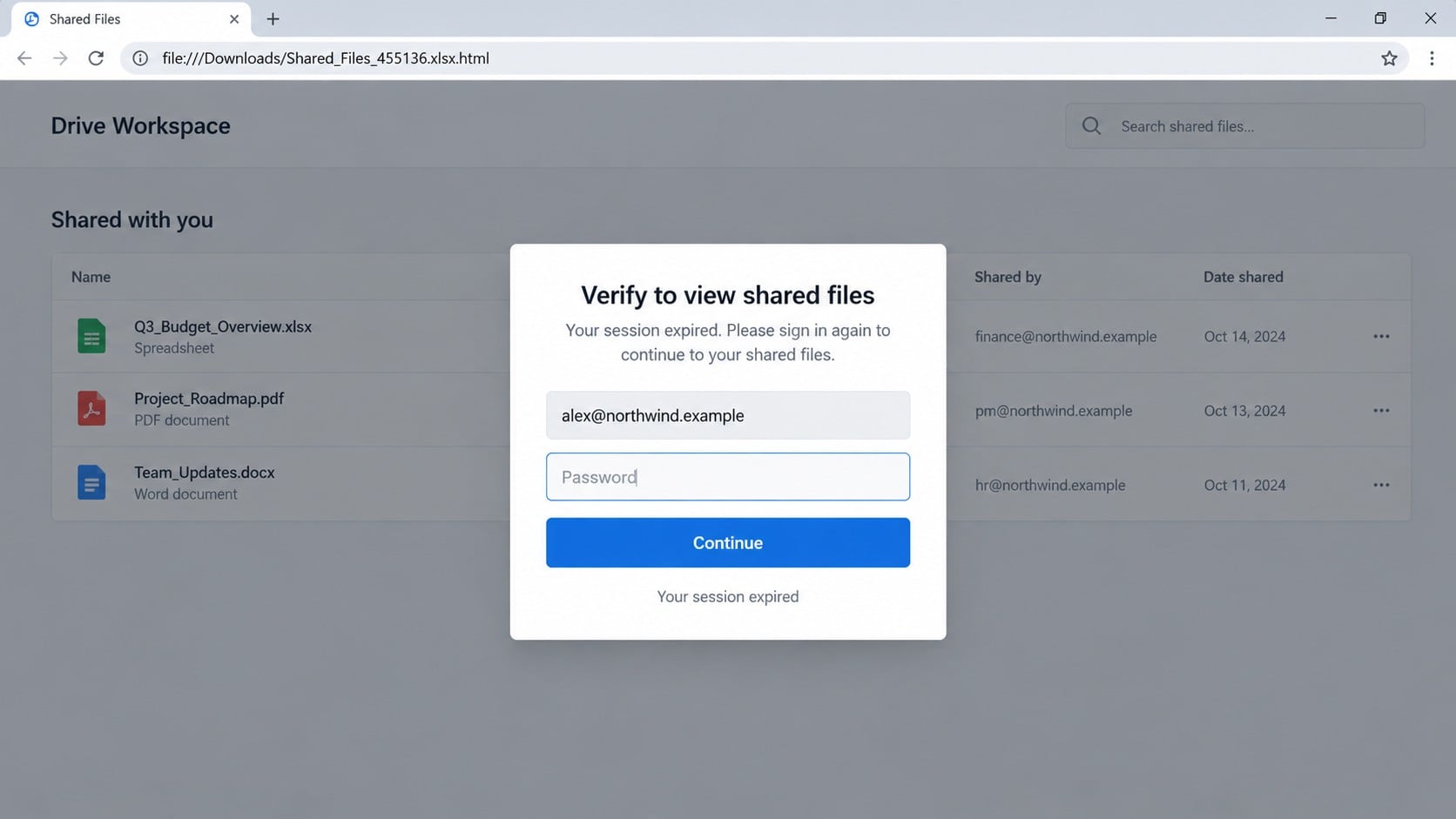 Local HTML attachment displaying a fake shared files login page