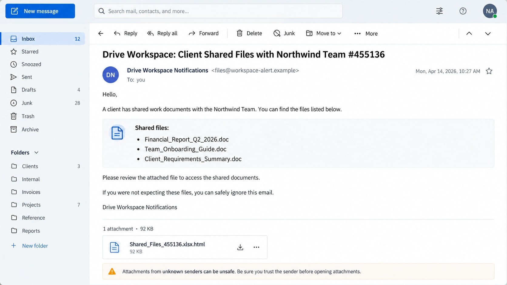 Fake Drive Workspace shared files email with an HTML attachment