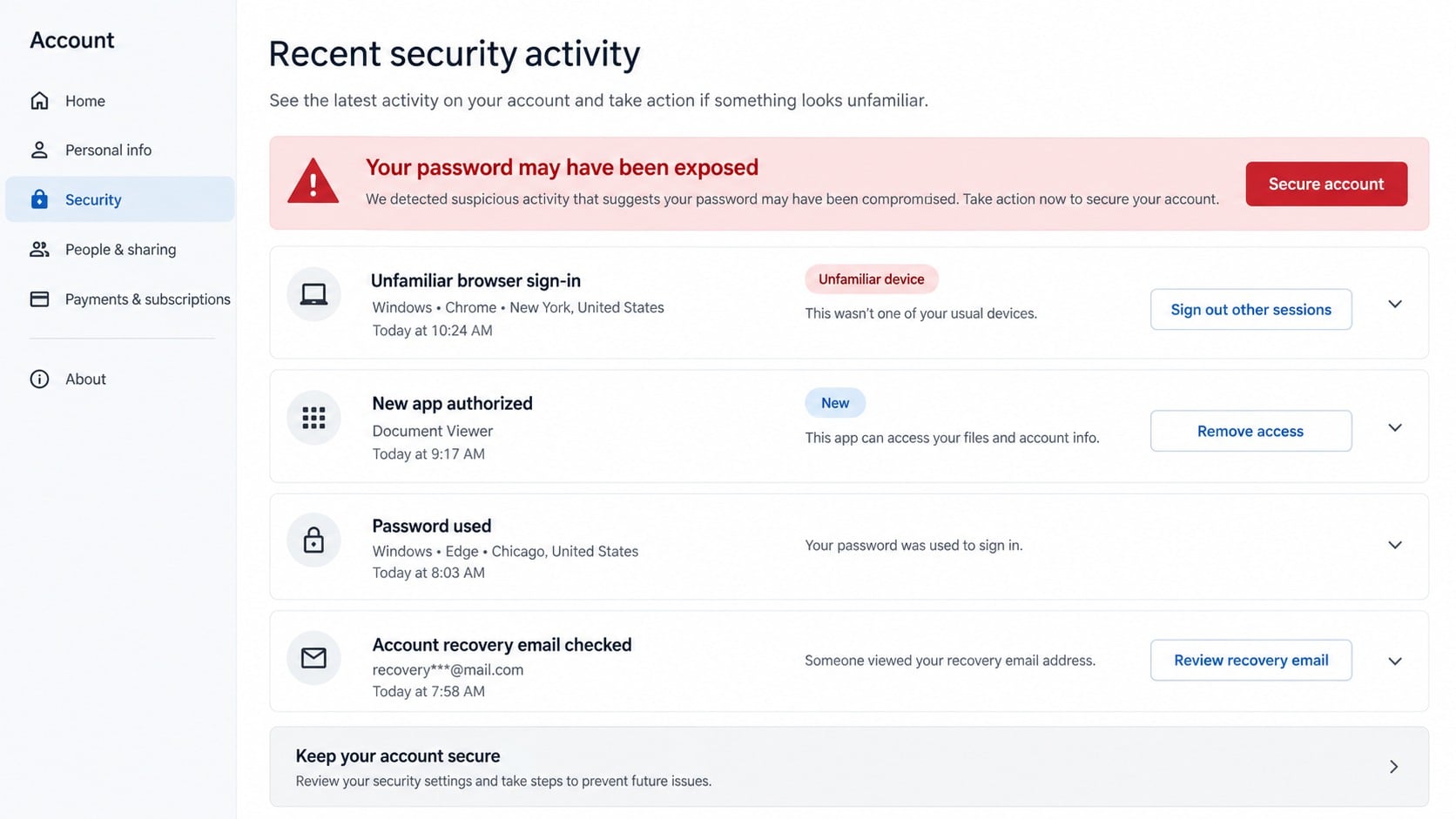 Cloud account security activity after shared files phishing