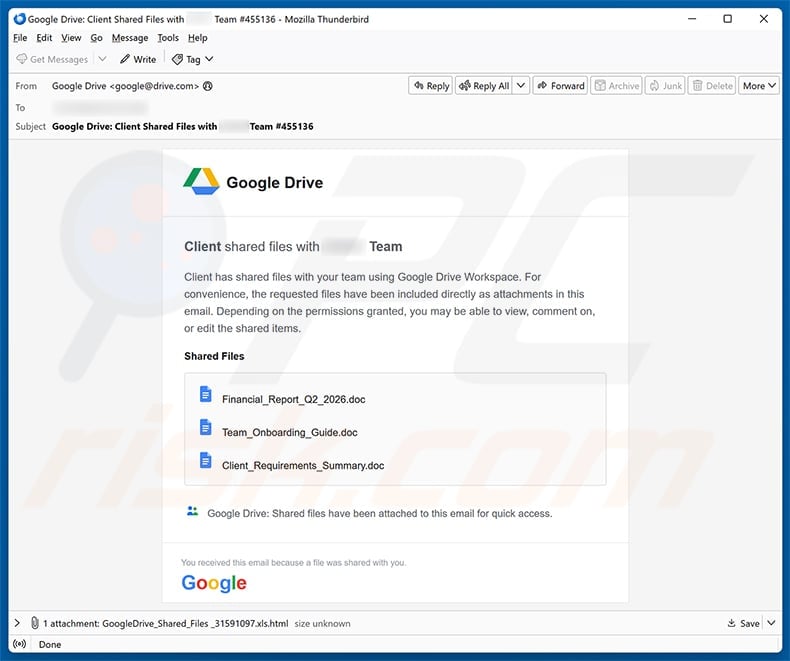 Fake Google Drive Workspace email claiming a client shared files with a team through an attached HTML document