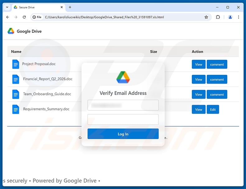 Credential phishing page displayed after opening the fake Google Drive Workspace HTML attachment