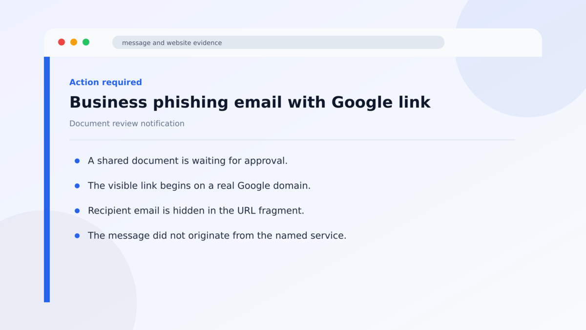 Google Redirect Phishing Uses Trusted Links to Steal Logins 1 Business phishing email with Google link used in the Google Redirect Phishing Uses Trusted Links to Steal Logins investigation