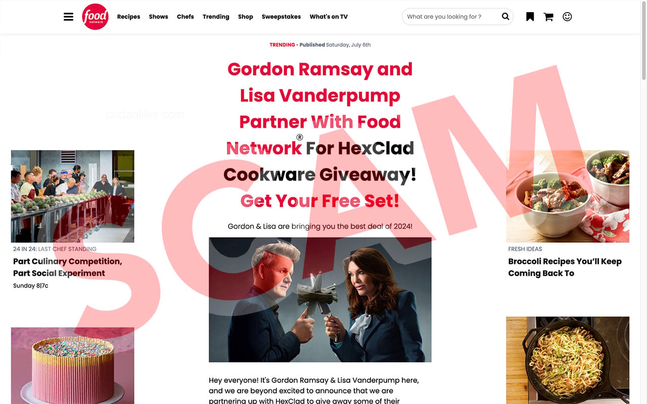 Fake Food Network page announcing a HexClad cookware giveaway