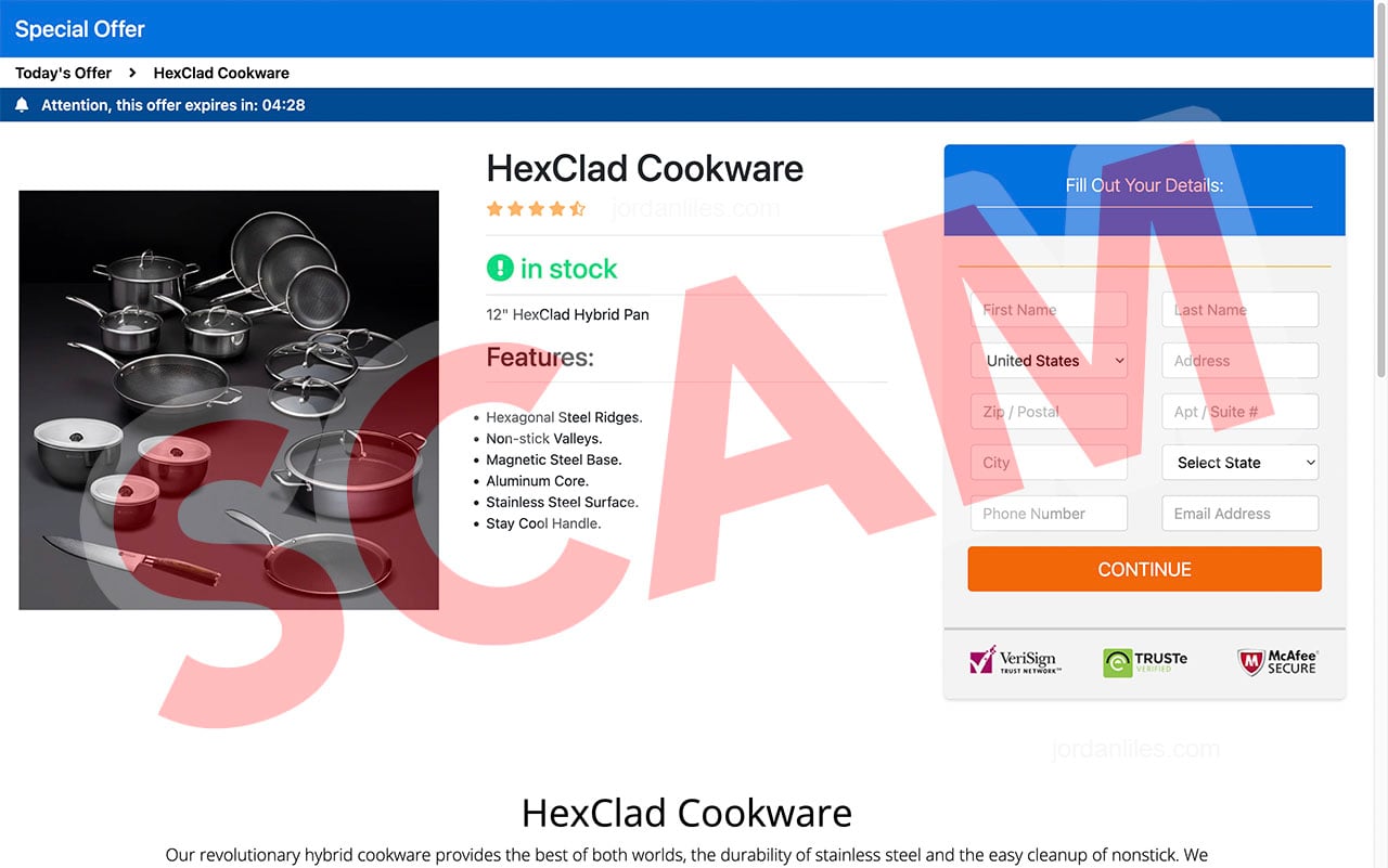 Final fake HexClad order page requesting customer and payment details