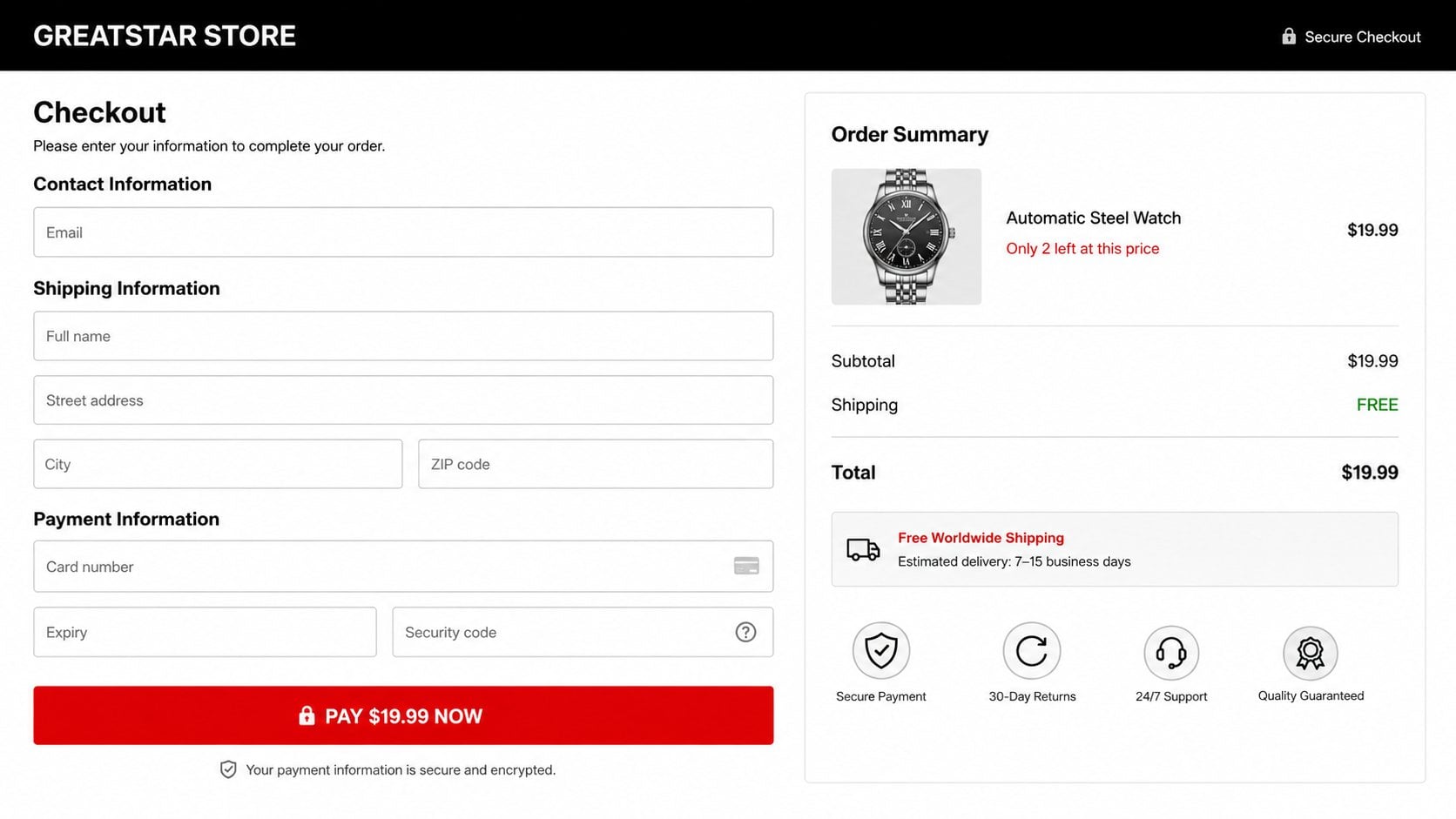 Greatstar Store Scam: Why Its 80% Off Deals Can Cost You More Than Money 2 Reconstructed fake Greatstar Store checkout requesting shipping and card information