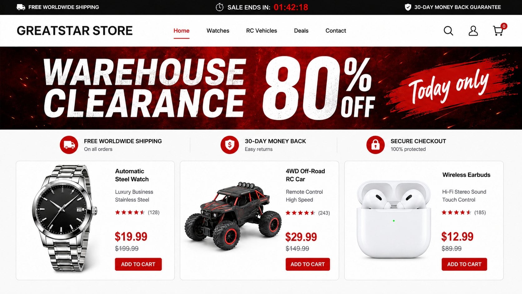 Greatstar Store Scam: Why Its 80% Off Deals Can Cost You More Than Money 1 Reconstructed Greatstar Store shopping page advertising unrealistic clearance prices