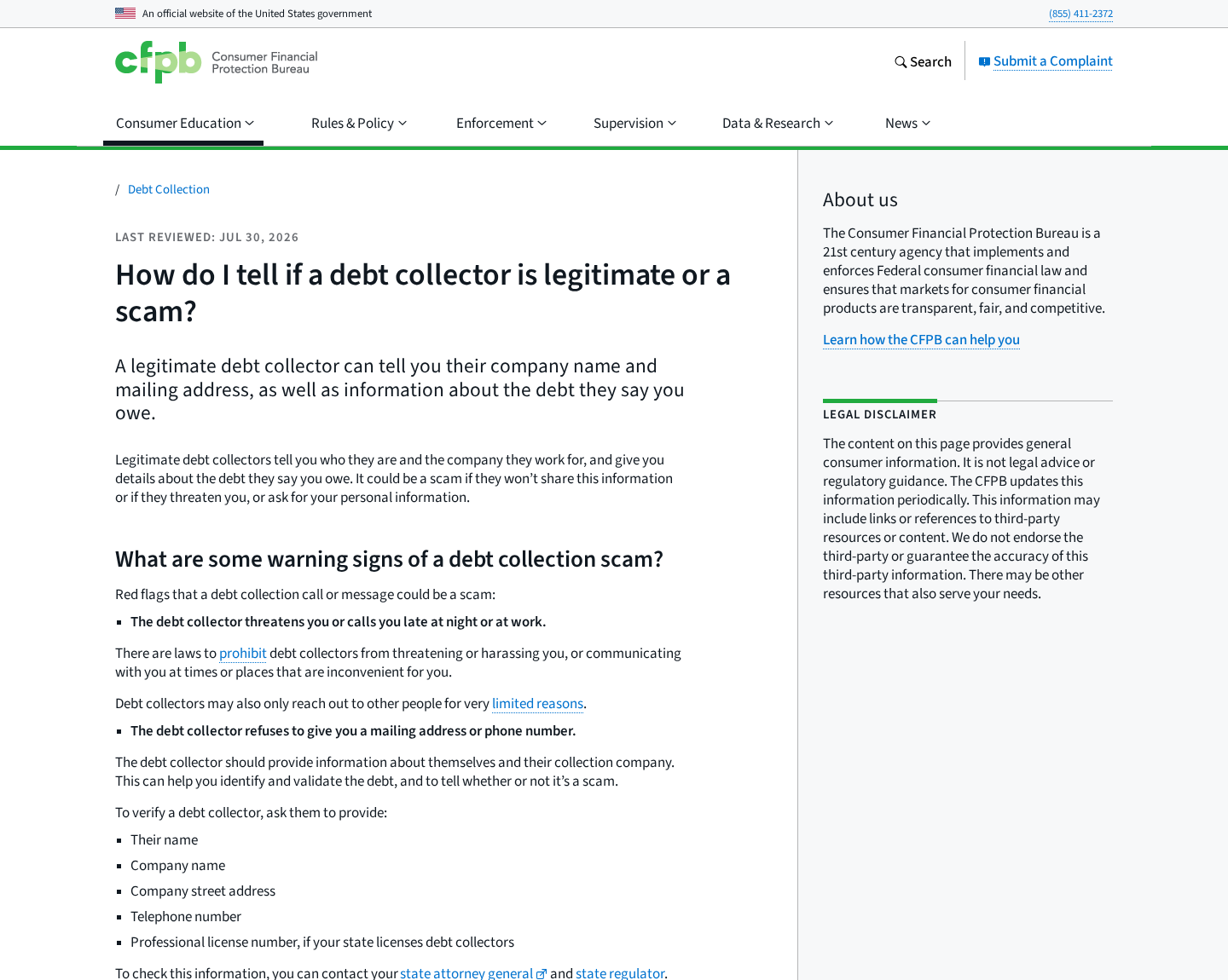 CFPB guidance for checking whether a debt collector is legitimate