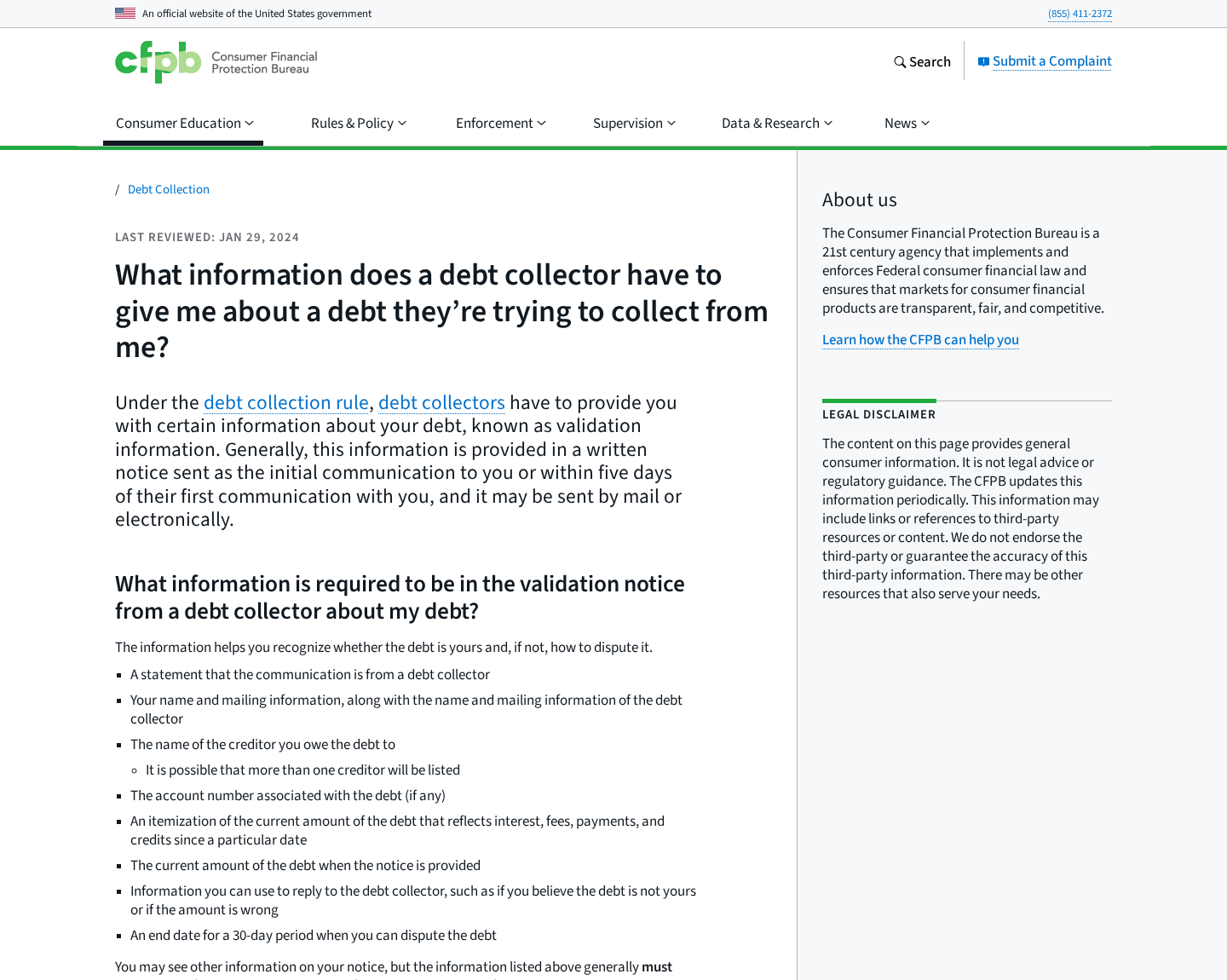 CFPB debt validation information and consumer dispute rights